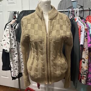 Vintage Unisex Tan Chunky Cable Knit Zip Sweater Jacket Acrylic Medium